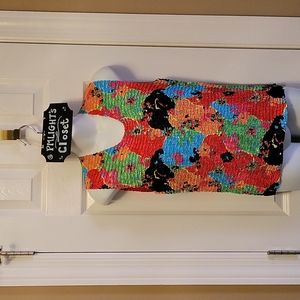 Caren Brook Large Multi-Colored Sleeveless Top Gathered Black Red Blue